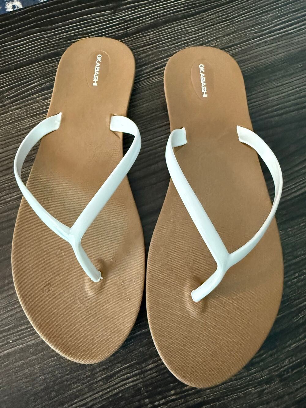 Okabashi Shoreline Toffee/White Slim Flip Flops Sz. 10